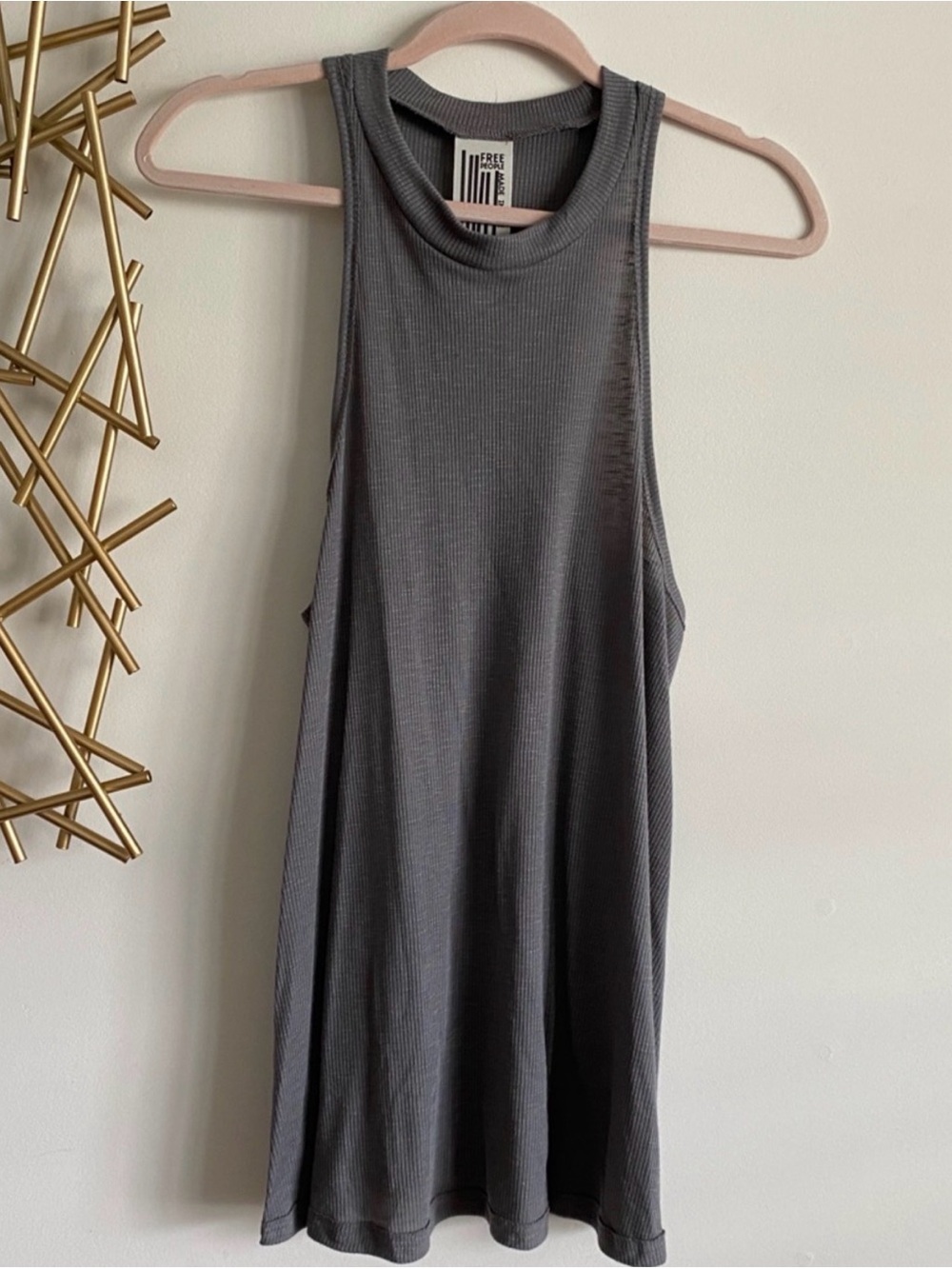 Free People Grey High Neck Ribbed Long Racerback Tank Top Tunic Dress - Size L